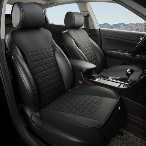 Black Panther 2er-Set Autositzbezüge für Vordersitze mit Kopfstützenbezügen – PU-Leder, Dreieckssteppung, Glattes Finish, Universelle Passform | Schutz für die Sitzunterseite - Schwarz