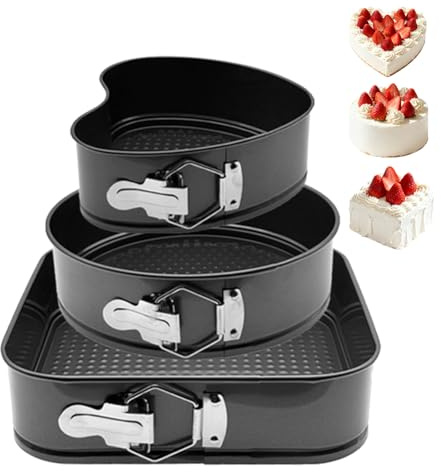 EUBSWA Hjärtformad vinkelform 24/rund 26/kvadrat 28 cm - set med 3 kakformer med non-stick beläggning för form, kakformer, kakplåt, dessertformer