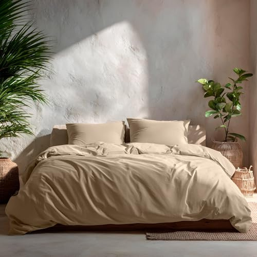 Juego Funda Nórdica Cama 135/140, Lisa 100% Algodón, Funda Edredón 220x220 cm y 2 Funda Almohada, Transpirable, Suave, Color Piedra