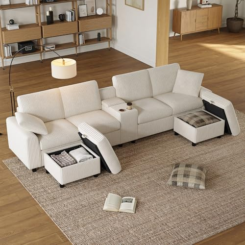 Yihomfy Canapé d'angle, Canapé Modulable en Forme de U avec 2 Repose-Pieds avec Rangement, Console Centrale,2 Porte-gobelets, Grand Canapé 6 Places en Velours côtelé, Canape pour Salon