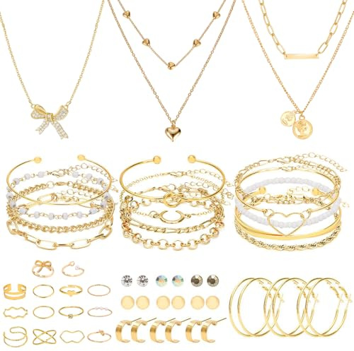 JSTHHTT 54 Pcs Parure Bijoux Femme, Élégante Parure de Bijoux pour Femme comprenant Collier Ras de Cou avec Bracelet et Boucles d’Oreilles, Bagues, Parure Cadeau Anniversaire, Noël, Saint-Valentin