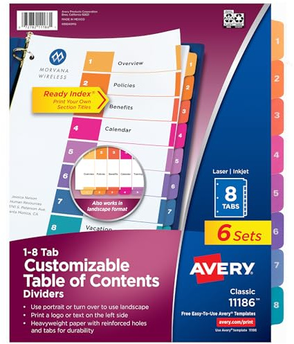 Avery 8 Tab Dividers for 3 Ring Binders, Customizable Table of Contents, Multicolor Tabs, 6 Sets (11186)