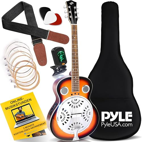 Pyle Resophonic Resonator Acoustic Electric Guitar, 6 String Round Neck Sunburst Mahogany Traditional Resonator w/Built-in Pre Amplifier, Case Bag, Strap, Steel Strings, Tuner, Picks
