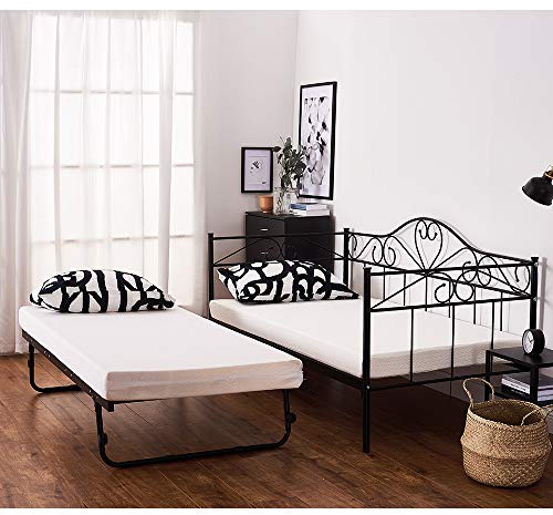 Panana 2 Styles Metal Bed Frame Day Bed 3ft Single Sofa Guest Bed Black/White New (Style2 Daybed+Trundle, Black)