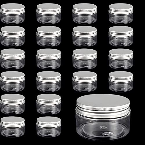 JOIKIT 24 Pack 100ml Plastic Jars with Lids, Clear Plastic Storage Container Jars with Aluminum Caps for Spice, Sweet, Cosmetics, DIY Arts Crafs, Beads, Dry Food Snacks, Cream, Lotion