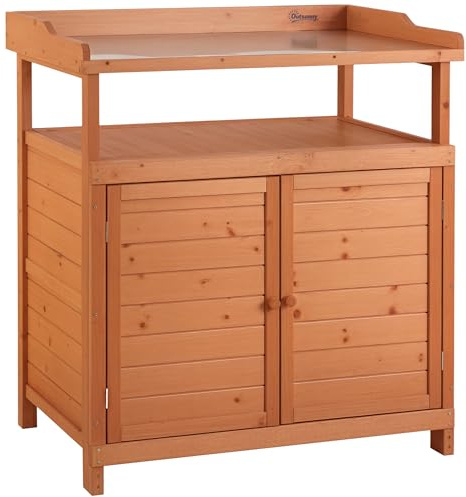 Outsunny Potting Bench Table with Storage Cabinet 98 x 47 x 105cm Orange