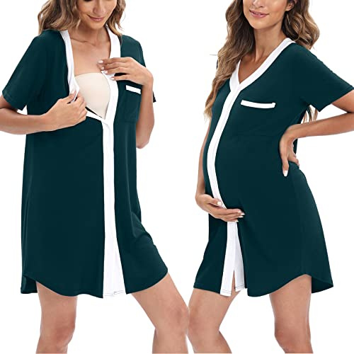 Balems Chemise de Nuit de maternité, Chemise de Nuit d'allaitement boutonnée pour Femme, Robe de Nuit de Grossesse à col en V à Manches Longues/Courtes, Robe d'accouchement pour Femme avec Poche