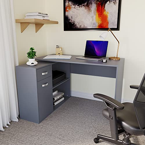 Vida Designs Longton Adjustable, L-Shaped Computer Desk with Shelves, Drawer and Door, Home Office PC/Laptop Table, Gaming Study Workstation, Furniture, Grey