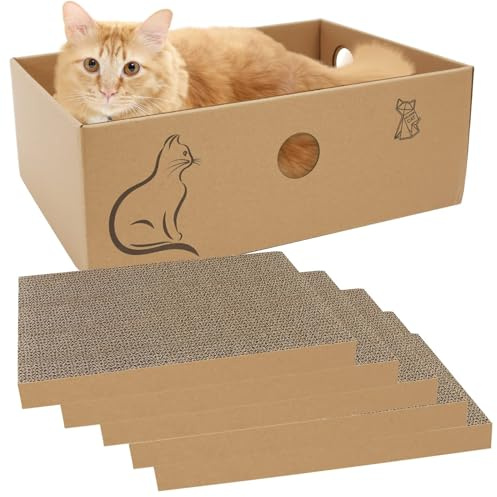 MUAEEOK Cardboard Cat Scratcher with Box, 5 PCS Reversible Cat Scratch Pad Replace, Corrugated Scratching Lounge for Small Kitty to Rest Play Suitable for Up To 5kg (Single Cat, 42x30x14.5 CM)