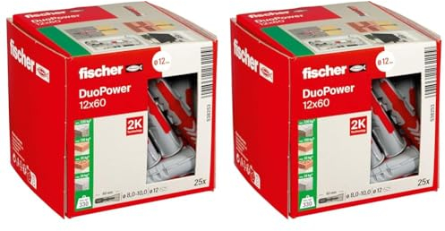 fischer DUOPOWER 12 x 60, Universaldübel, leistungsstarker 2-Komponenten-Dübel, Kunststoffdübel zur Befestigung in Beton, Ziegeln, Stein uvm., ohne Schrauben, 25 Stück (Packung mit 2)