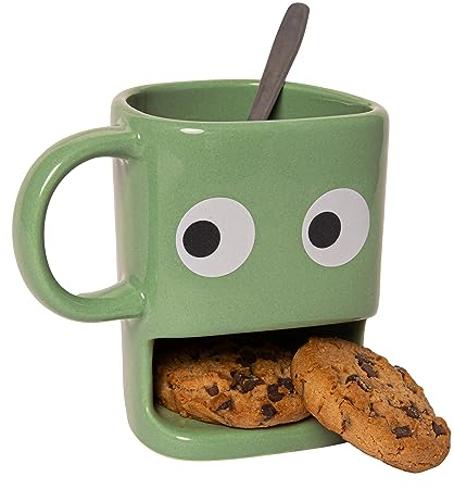Fisura – Original “Eyes” Ceramic Mug with Biscuit Holder, 240 ml, Fun Green Tea or Coffee Cup with Biscuit Slot, Ideal for Home or Office.