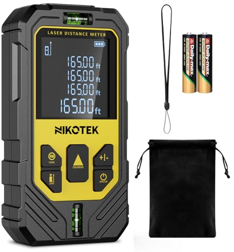 NIKOTEK Medición Láser 50M, Medidor de Distancia Láser IP54 Telémetro de Herramienta de Medición Digital Portátil con Niveles de Burbuja y Pantalla LCD de 4 líneas (2 * Batería Incluida)