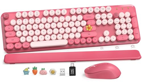 Wireless Keyboard and Mouse Combo, Cute Hot Pink Full-Size Retro Typewriter Keyboard with Round Keycaps, Magnetic Wrist Rest, Tilt Legs, 2.4GHz Cordless for Mac, Windows PC, Laptop, SABLUTE CK23