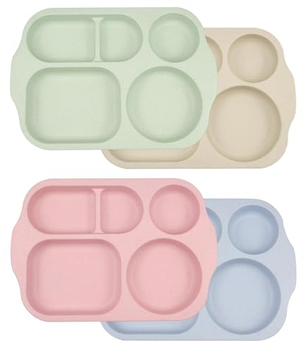 MytaYt 4 Stück Kinderteller Plastik, Teller mit Unterteilung Unzerbrechliche Menüteller Kinder Teller Unterteilt Plastik mit 5 Fächern für Erwachsene Kinder