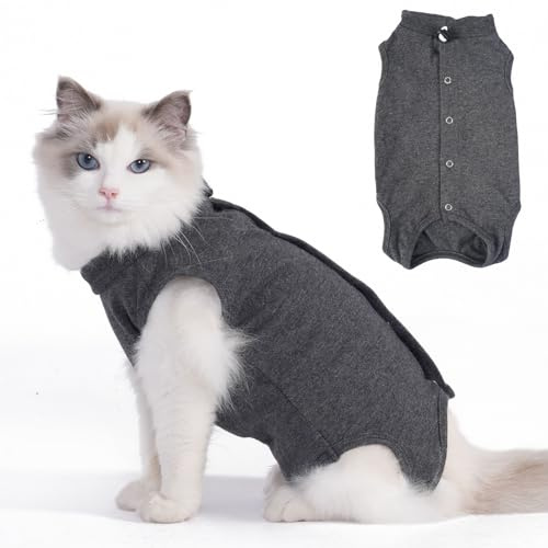 Axcimond Combinaison de convalescence pour chat - Vêtement post-chirurgical en coton gris taille S, M ou L - Alternative au collier et au cône de récupération pour chat après une chirurgie