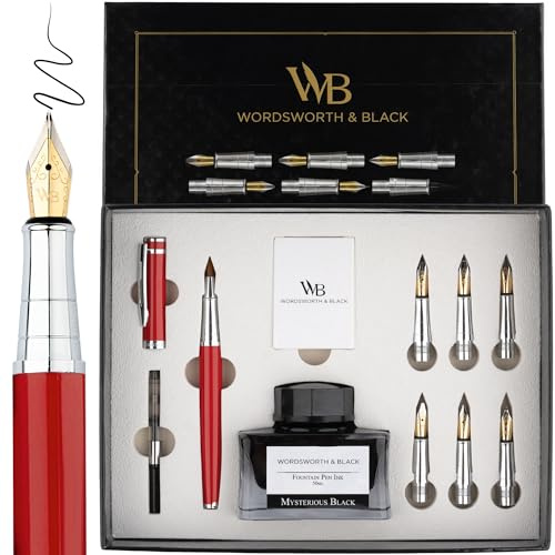 Wordsworth & Black Kalligraphie-Stift, Geschenkset, inklusive Tintenflasche, 6 Tintenpatronen, 1 Tinten-Nachfüllkonverter, 6 Ersatzspitzen, Premium-Paket, Journaling [Roter Chrom]