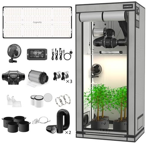 Aygrochy Set completo con controller centrale, ventilazione automatica, lampada LED a spettro completo, 60 x 120 x 180 cm, Grow Box PEVA ad alta riflettività