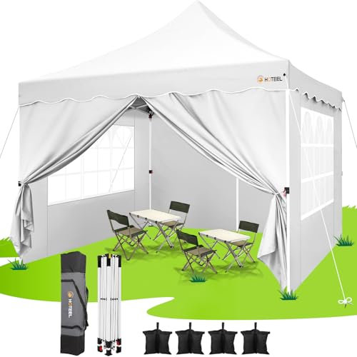 HOTEEL Tonnelle Pliante 3x3 Imperméable avec 4 Parois Latérales, Installation Facile Barnum Pliant 3x3 Portable Tonnelle de Jardin Exterieur avec 4 Sacs de Sable pour Fête, Festival, Marché, Blanc