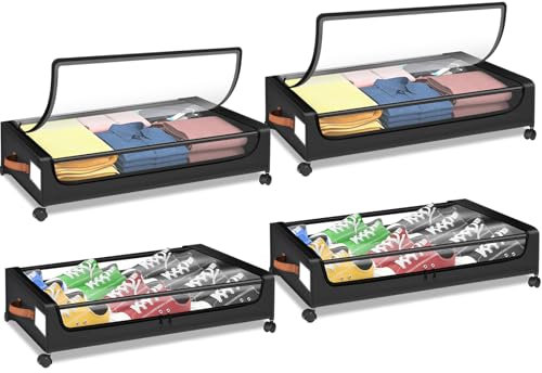 4 contenitori sotto il letto con ruote, contenitori portaoggetti sotto il letto, cassetti per vestiti, coperte, scarpe, giocattoli, organizer per vestiti e stoccaggio, facili da estrarre con manici in