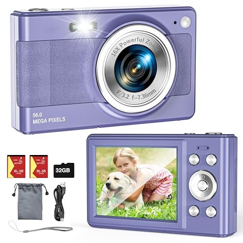 Upgrade Digital Camera, 56MP FHD 1080P Camera for Kids with 32GB TF Card, Two Batteries, Lanyard, Compact Small Camera for Kids Boys Girls