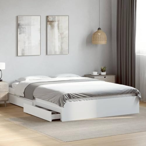 IKAYAA Cama con 4 Cajones de Almacenamiento y Listones de Madera, Cama Madera 160 x 200 cm, Cama Individual, Marco De Cama, Bed Frame, Cama Juvenil 160 x 200 cm Blanco