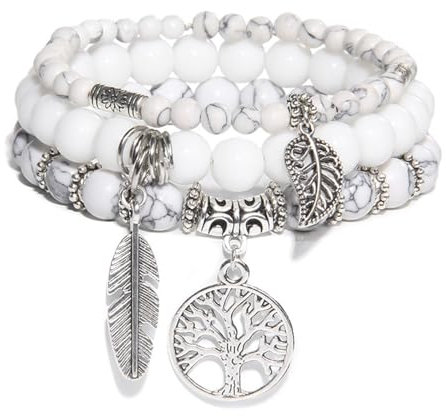 ZENGSING 3 Stück Edelsteine Stretch Armband, Naturstein Perlen Stretch-Armband, Edelstein Armband, Damen Edelstein Armband, Kristall Perlen Armband, Naturstein Armband für Frauen (Weiß)