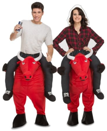 My Other Me - Disfraz Toro Adulto Unisex, talla Única. Incluye pantalón rojo con cabeza de toro, cuernos blancos y pezuñas negras, y piernas falsas grises con rodilleras y zapatos con cordones.