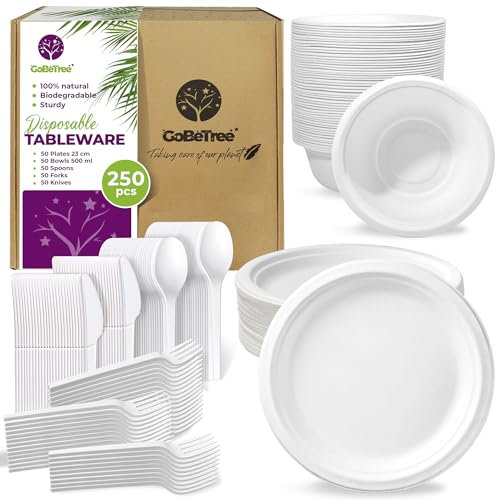 Vajilla desechable de 250 piezas, 50 platos de 23 cm y 50 cuencos 500 ml de caña de azúcar, 150 cubiertos reutilizables resistentes para 50 personas