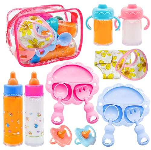 Jgalnim 15 PCS Baby Doll Accessories Magic Bottle Set,Pretend Play Feeding Toys,Doll Feeding Set with Package for Kids,Girls,Party,Gift