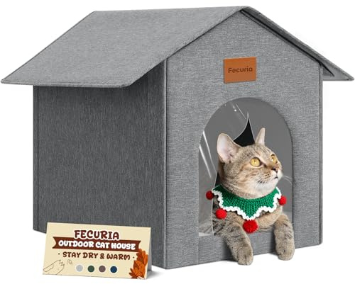 Fecuria Outdoor Cat House Weatherproof, Insulated Cat Houses for Outdoor/Indoor Cats for Winter, Waterproof Feral Stray Cat Shelter with Door Curtain and Warm Cushion, Easy to Assemble, Grey