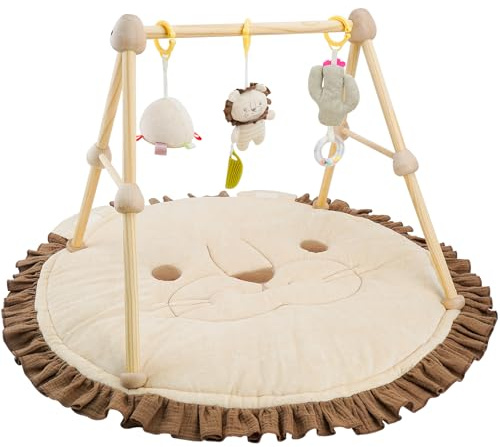 COTTONBEBE 4 IN 1 Palestrina per Neonati, Tappeto di Gioco con Legno Naturale, 3 Giochi Rimuovibili da Afferrare, Montessori per 0-3-6-12-36 Mesi, Leone Marrone
