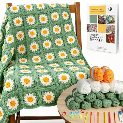 HHSarioneiro Kit de manta de ganchillo para principiantes, kit de ganchillo cuadrado fácil para adultos, con instrucciones paso a paso y videos claros, incluye múltiples accesorios, regalo para los