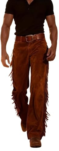 Pantalon de cowboy pour homme - Style hippie occidental - Avec pompons - Rétro - En daim - Pantalon indien à franges - Pantalon de loisirs - Taille haute - Pantalon d'équitation - Costume cospaly