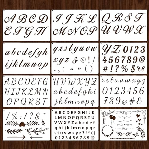 Bokstavsschabloner, 12 Delar Återanvändbara Bokstäver och Siffror Mallar för Målning på Trä, Vägg och Tyg, DIY Alfabetset för Scrapbooking och Hobby