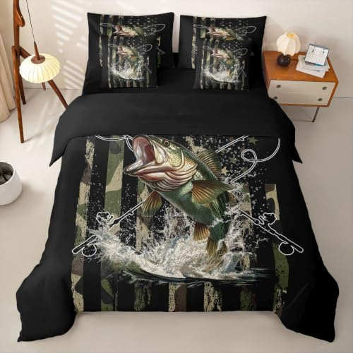 Loussiesd Camo Bass Fish Super King påslakan med lakan för barn pojkar flickor jakt gädda fisk 7 delar bäddset amerikansk flagga fiskesäng i en väska rum dekor mjuk lätt mikrofiber