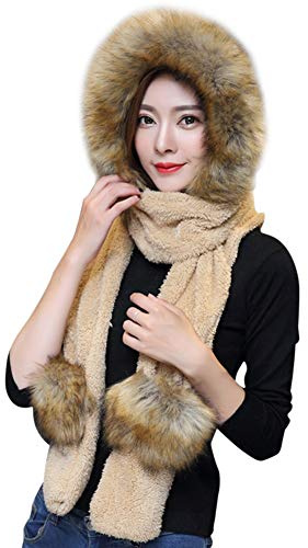 Chapeau Chapka Femme Ado Fille 3 en 1 Bonnet Echarpe Gants Peluche Epais Chaud Foulard Tour de Cou Hiver Thermique Cache Oreille Moufles en Plein Air Cadeau d'Anniversaire Noël, Kaki