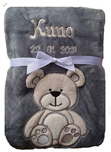 Wuff-Dogsworld Babydecke viele Farben & Motive mit Namen/Geburtsdatum Bestickt Geschenk Baby (grau Bär)