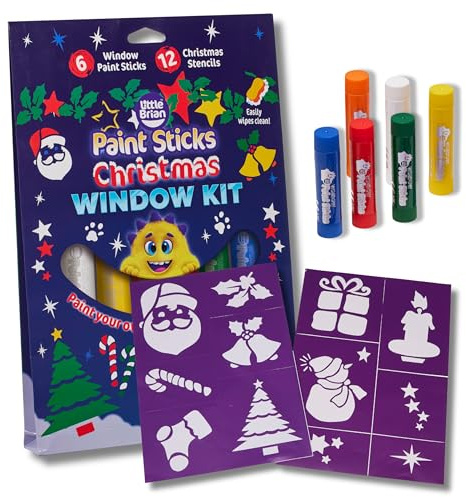 Lot de 6 bâtons de peinture pour fenêtre avec 12 pochoirs de Noël et pochoir Père Noël Stop Here – Kit de peinture pour enfants pour fenêtres de Noël créatives – Réutilisable, facile à nettoyer, kit