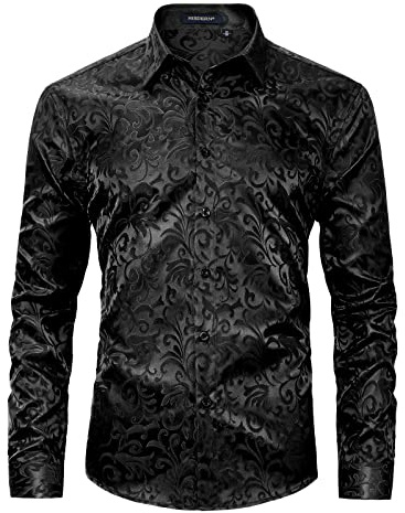 HISDERN Hommes Noir Floral Paisley Satin Chemise a Manches Longues Decontracte Mode Formelle Chemises habillees Boutons en Soie Coupe reguliere Ceremonie de Fete de Mariage