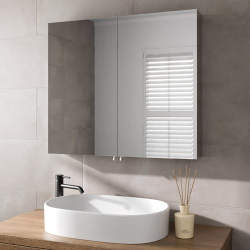 Artis® 800 x 700mm Bathroom Mirror Cabinet Storage Wall Mounted Cupboard Ready Assembled Unit Double Mirrored Door, Stainless Steel