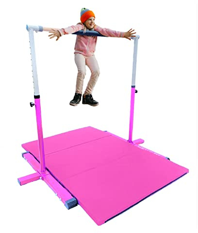 Professional Gymnastics Bar Kip Bar with 6'x4' Tumble Mat Set for Kids/Adults, 3 to 5 FT Adjustable Height Horizontal Bar, Junior Gymnast Gymnastic Bar Home Gym Expandable Asymmetric Bar Pink
