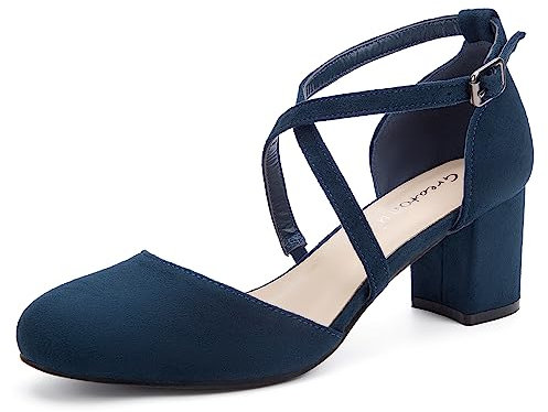 Greatonu Damen Pumps Riemchenpumps Spangenpumps Sandale mit Kreuz Knöchelriemen Blockabsatz Geschlossener Spitze Glitzer Pumps - Perfekt für Hochzeiten und Partys Blau 37 EU