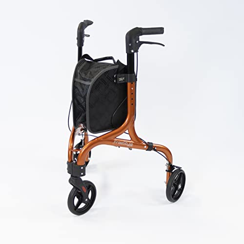 NRS Healthcare Deambulatore moderno pieghevole ultra leggero 5 kg (11 lb) a 3 ruote Freestyle Rollator, freni di bloccaggio, regolabile in altezza, borsa rimovibile - S23459, arancione