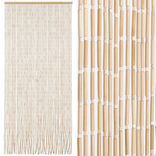BECHAEO Handmade Bamboo Beaded Curtain for Doorway 65 Strands Door Beads Curtain Hanging Room Divider for Hallway Window Closet Boho Rustic Hippie Home Store Decor, 35.5 x 75 Inches Natural