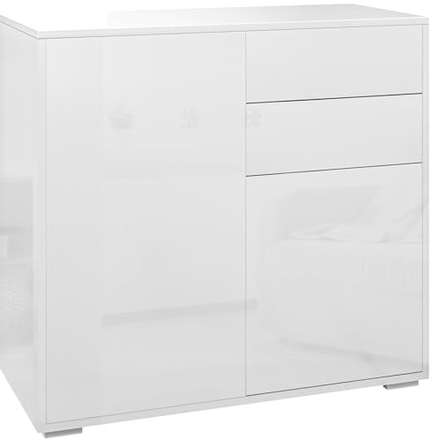 HOMCOM Mobiletto 2 Cassetti e 2 Ante, Apertura a Pressione, Mobile con 2 Cassetti e 2 Ante per Casa e Ufficio, 79x36x74cm, Bianco Lucido