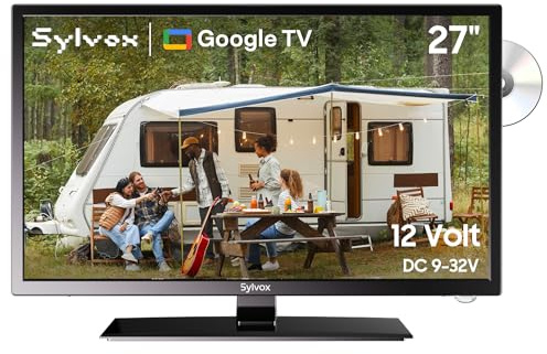 SYLVOX 27 inch Smart TV, FHD 1080P Caravan TVs with DVD Player, Google TV Compatible, Voice Control, HiFi Speaker, AC/DC, Wide Voltage, DVB-T2/C/S2, HDMI USB, 12V Television for Motorhomes, Campervan