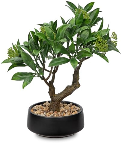Oairse Artificial Bonsai Tree Small Bay Laurel Bonsai Tree 33cm Indoor Bonsai Tree Fake Potted Plant Decorative Fake Desk Plant with Ceramic Pot for Home Office Living Room Bathroom Table Shelf
