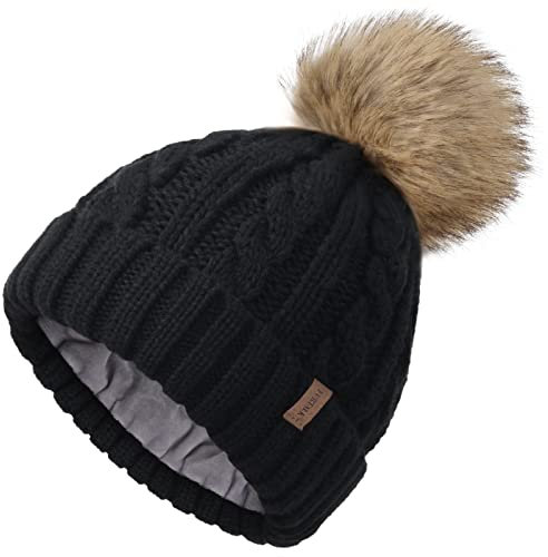 FURTALK Winter Beanie Mütze Damen Bommelmütze Gefüttert Kunstpelz Pom Pom Hüte Frauen Warm Stricken Schädeldecke