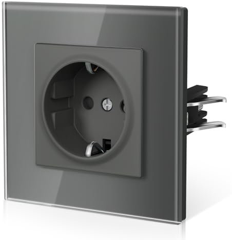 BSEED Enchufe Pared con Cristal,Enchufes Empotrable Estándar,Instalación Con Garfio,Conexión sin Destornillador,Seguridad infantil,E-Serie,1 Enchufe,86mm Gris