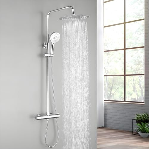 Tondiy Colonna Doccia Termostatico 38℃ con Doccetta 3 Modalità, Sistema Doccia Completo Altezza Regolabile 845-1180 mm, Design Moderno Rotondo Acciaio Inox 304, Facile Installazione per Bagno Casa
